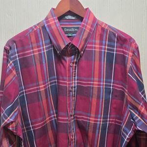 Savile Row Shirt Mens XL Red Blue Plaid Cotton Rich Long Sleeve Button-Down